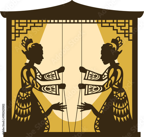 Traditional Asian shadow puppet show vector on white background.