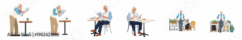 Set of flat vector illustrations depicting an elderly man reading a newspaper and relaxing at a cafe in various poses.