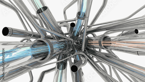 Close-up view of interconnected metallic tubes with blue and orange accents against a white background.