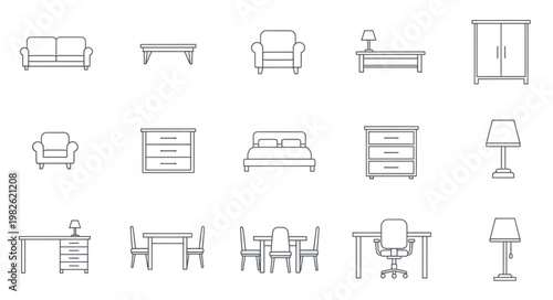 Collection of hand-drawn furniture icons for interior design.
