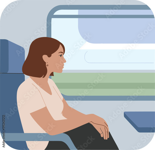 Young woman travelling on train vector on white background.