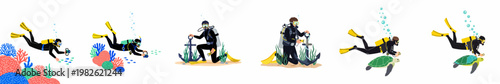 Collection of flat vector illustrations featuring scuba divers exploring the ocean, photographing marine life, swimming with turtles, and discovering anchors on the seabed.