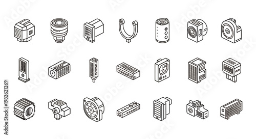 Isometric hardware icons collection featuring bolts, screws, nuts and related components for graphic design.
