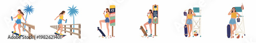 Set of flat vector illustrations of a young woman enjoying summer activities like skateboarding and eating ice cream at the beach.