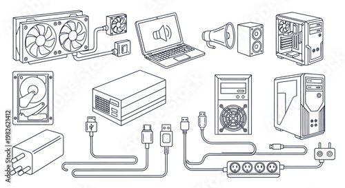 Collection of Computer and Network Hardware Icons featuring Laptops Servers Routers Switches and Cables.