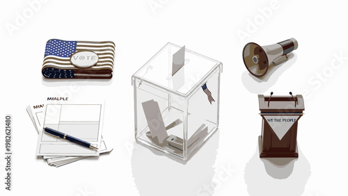 Flat lay of various American voting objects including ballot box, flag wallet, pen on papers, and light bulb on white background with clear reflections.