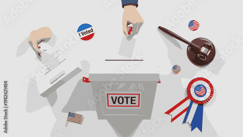 Overhead view of a hand casting a ballot into a gray vote box with a gavel and campaign buttons on a white surface.