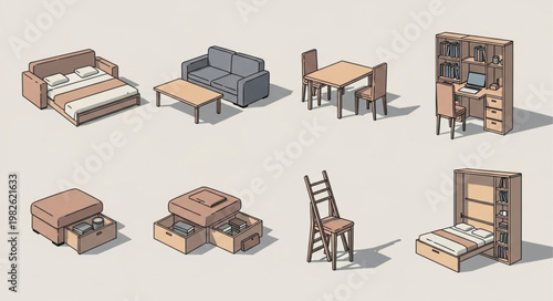 Collection of modern furniture items for home interior design.