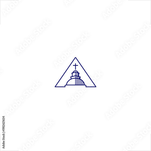 Minimalist Christian church logo featuring cross and building silhouette inside a triangle frame, ideal for religious organizations, ministries, parishes, and spiritual community branding identity