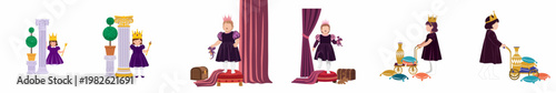 Flat vector illustration set of a little girl in a purple dress and gold crown playing as a princess with royal castle-themed props.