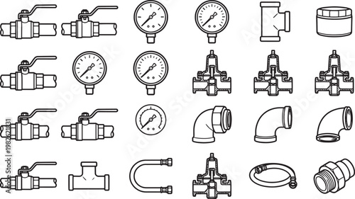 Precision engineered illustrations of essential industrial components are meticulously arranged, showcasing a variety of gauges, valves, fittings and connectors used in complex industrial systems.