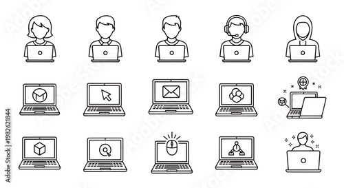 Set of simple line icons depicting people using laptops at desks in a shared workspace.
