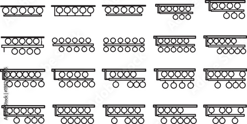 A collection of schematic illustrations of an architectural pattern. Demonstrating the use of various shapes to create building plans or design components. 