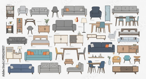 Collection of modern furniture items for home interior design.