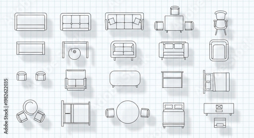 Top Down View of Furniture Layouts on Grid Paper.