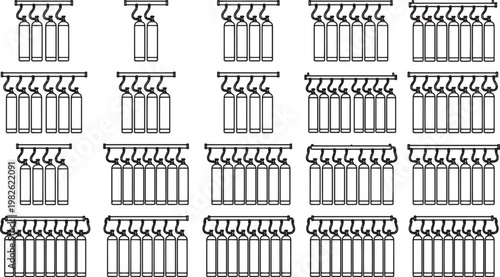 Rows of neatly arranged vials hang suspended, conveying a sense of organized structure in a minimalist illustration.