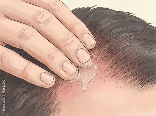 A detailed close-up illustration of a hand massaging liquid minoxidil serum into a dark-haired scalp, representing hair loss treatment, scalp care, and hair regrowth therapy concepts.
