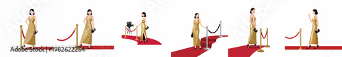Elegant Woman in Sequined Gold Gown Posing and Walking on Red Carpet at a Premiere Event - Illustration Set