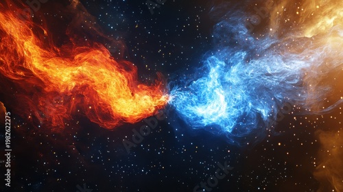 Abstract background featuring clashing fire and ice energy waves in space