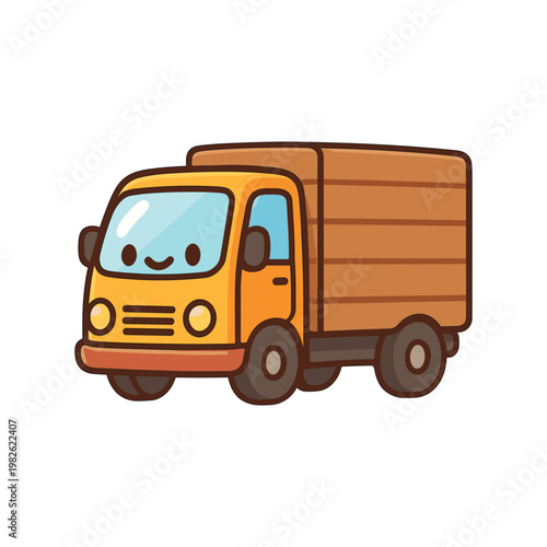 Cute yellow delivery truck with wooden cargo box flat vector illustration