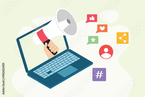 Laptop Displaying Social Media Campaign. Digital Marketing Concept. Vector graphic illustration