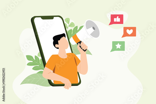 Influencer Promoting Brand Through Mobile Platform. Digital Marketing Concept. Vector graphic illustration