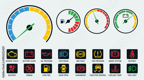 Car dashboard warning lights symbols.
