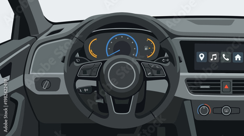 Car Steering Wheel and Dashboard Controls.