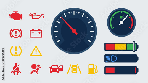 Car warning lights and dashboard icons.