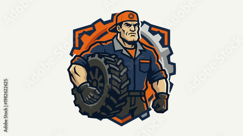 Cartoon mechanic holding a tire.