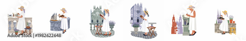 Collection of flat vector illustrations featuring a woman in a white dress and straw hat sketching famous European landmarks and cathedrals.