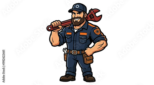 Cartoon plumber with large wrench tool.