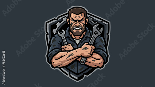 Cartoon muscular man with crossed wrenches.