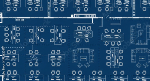 Blueprint of office floor plan with cubicles and meeting rooms.