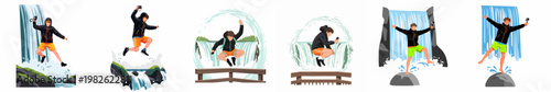 Flat illustration set of a male traveler adventuring and taking photos near scenic waterfalls in various dynamic poses.