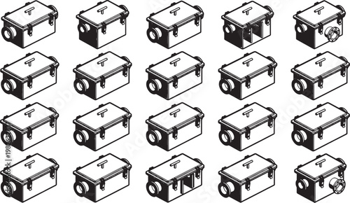 A meticulous array of electrical junction boxes, representing the interconnectedness of infrastructure and modern construction, captured in a detailed monochrome illustration. 