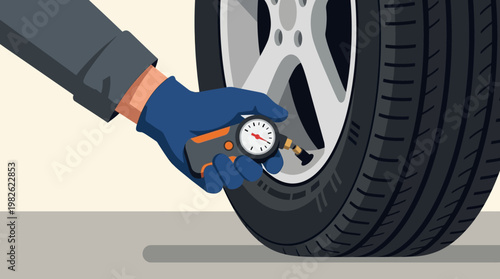 Gloved hand checking tire pressure gauge.