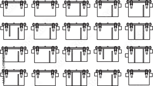 An intricate overhead view showcases rows of neatly arranged toolboxes, each boasting a unique configuration of compartments and closures in a crisp and orderly presentation.