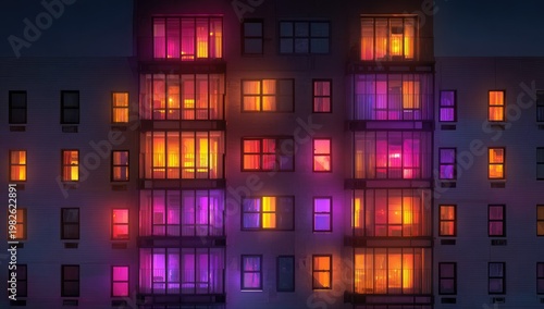 A brightly lit apartment building glows against the dark night sky, showcasing a vibrant array of illuminated windows.