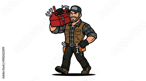 Man carrying heavy red toolbox equipment.