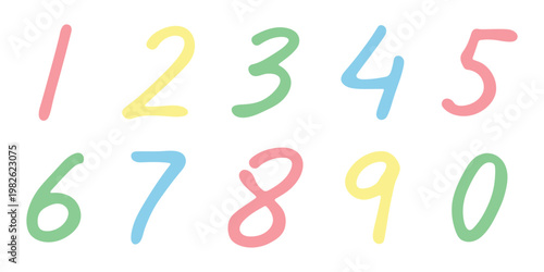 Hand drawn colorful numbers 1 2 3 4 5 6 7 8 9 0 Stylish brush painted numbers doodle Count, math, kids education