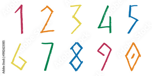 Hand drawn colorful numbers 1 2 3 4 5 6 7 8 9 0 Stylish brush painted numbers doodle Count, math, kids education
