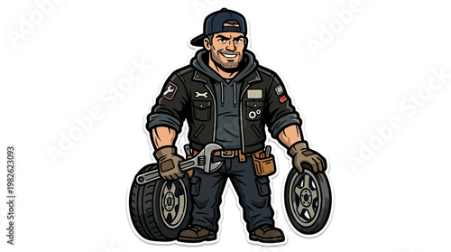 Mechanic holding car tires standing.