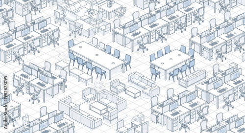 Isometric Sketch of a Modern Office Space Layout.