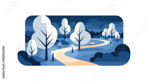 A tranquil nocturnal park scene displays a curved walking trail lit by glowing bollard lamps surrounded by snowy white trees and deep blue shadows.