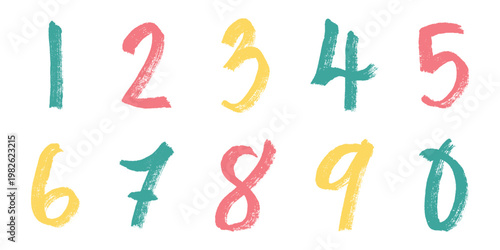 Hand drawn colorful numbers 1 2 3 4 5 6 7 8 9 0 Stylish brush painted numbers doodle Count, math, kids education