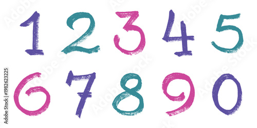 Hand drawn colorful numbers 1 2 3 4 5 6 7 8 9 0 Stylish brush painted numbers doodle Count, math, kids education