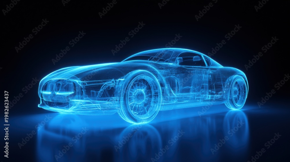 Fototapeta premium Digital wireframe of a futuristic sports car on black background