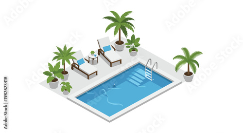 A pristine isometric swimming pool area features elegant white lounge chairs and lush potted palm trees under bright and clear daylight conditions.