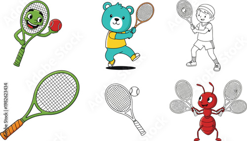 Tennis Cartoon Characters and Racket Collection with Cute Animals and Kids Playing Tennis Sport Vector Illustration Set